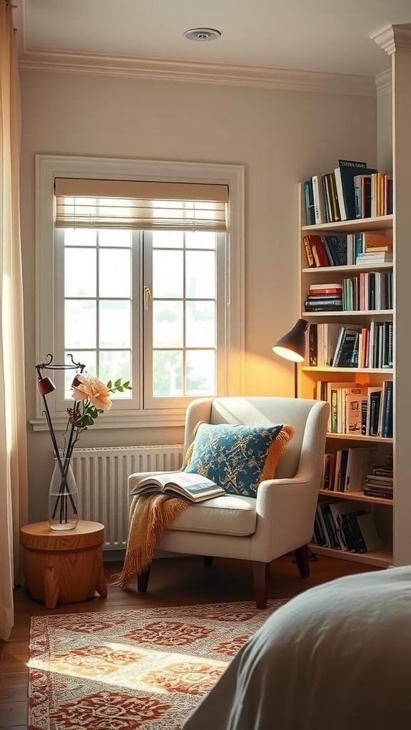 A cozy reading nook with a soft chair, a side table, and bookshelves filled with books, illuminated by natural light.