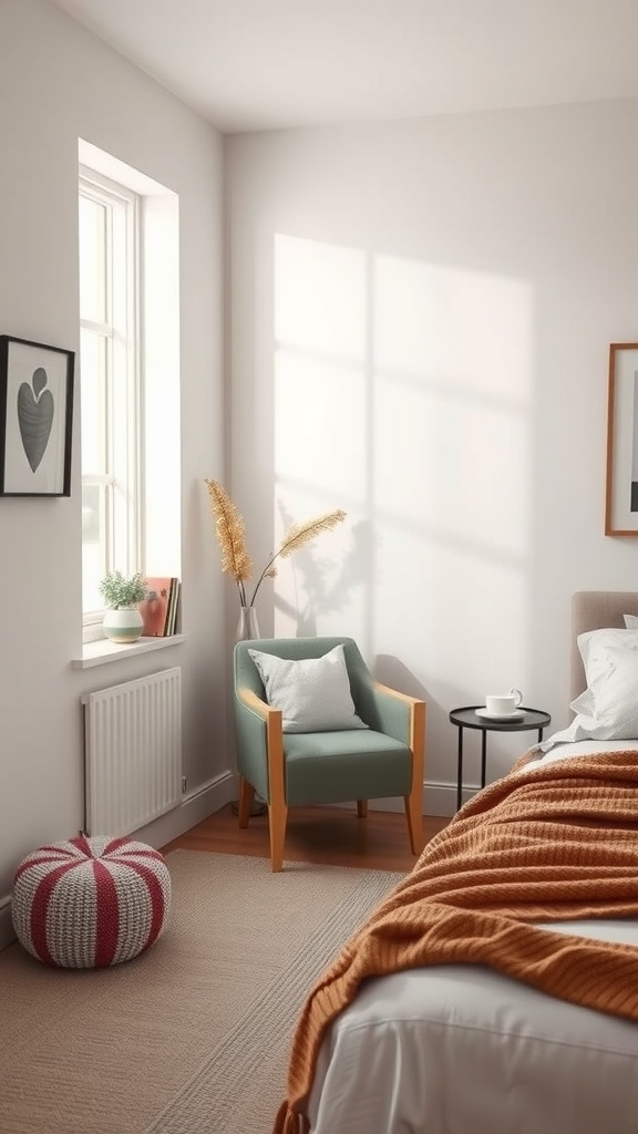 A cozy reading nook in a one-bedroom apartment featuring a green chair, side table with a cup, and a textured blanket.