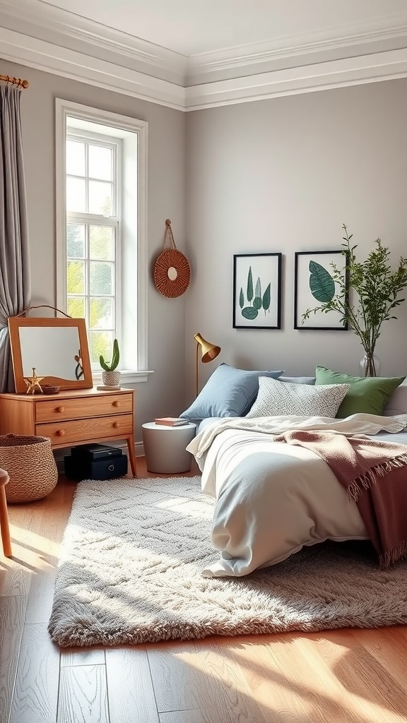 A cozy bedroom corner with a bed, decorative plants, and natural light, ideal for a workout nook.