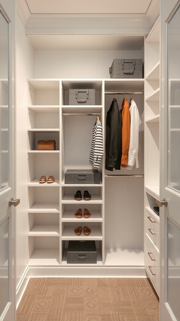 Organized custom built-in closet with shelves, hanging space, and boxes