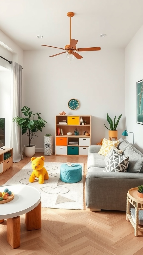 A bright and cheerful living room that also functions as a playroom, featuring a gray couch, colorful storage, a playful yellow bear, and a cozy rug.