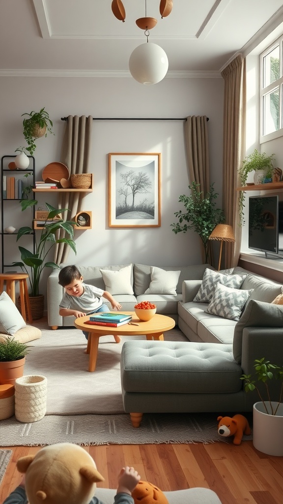 A cozy family room featuring a child playing near a coffee table, a comfortable couch, and decorative plants