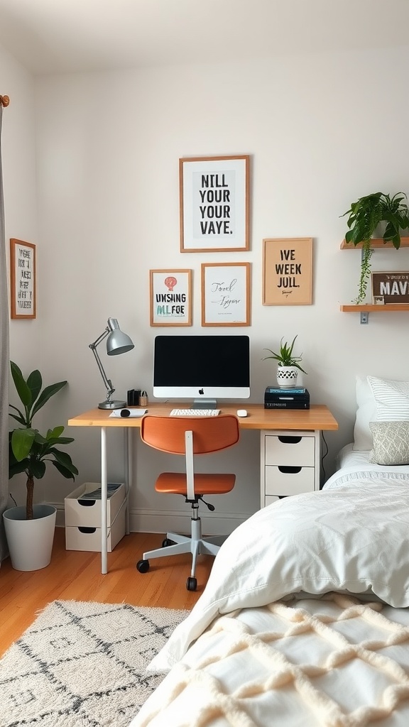 A cozy bedroom workspace featuring a desk with a computer, an ergonomic chair, wall art, and a plant.