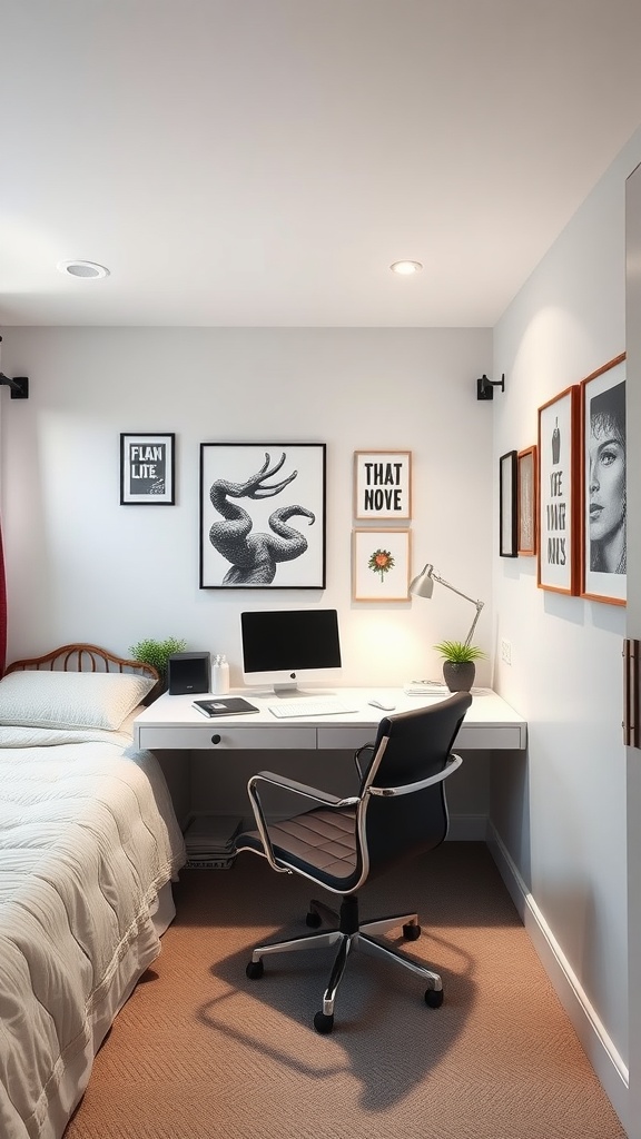 A cozy bedroom workspace featuring a desk with a computer, a comfortable chair, and artistic wall decor.