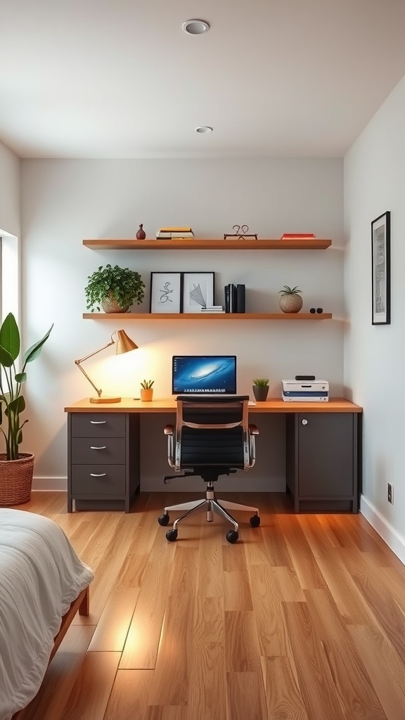 A cozy bedroom workspace featuring a desk with a computer, lamp, and plants, alongside shelves with decorative items.