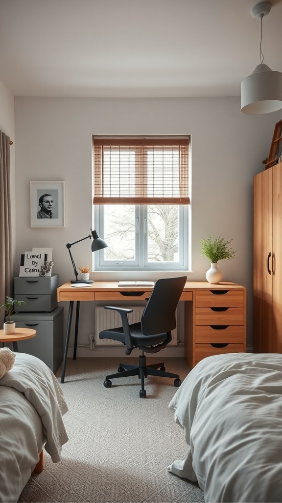 A Scandinavian-style bedroom with a functional workspace, featuring a wooden desk, ergonomic chair, and two beds.