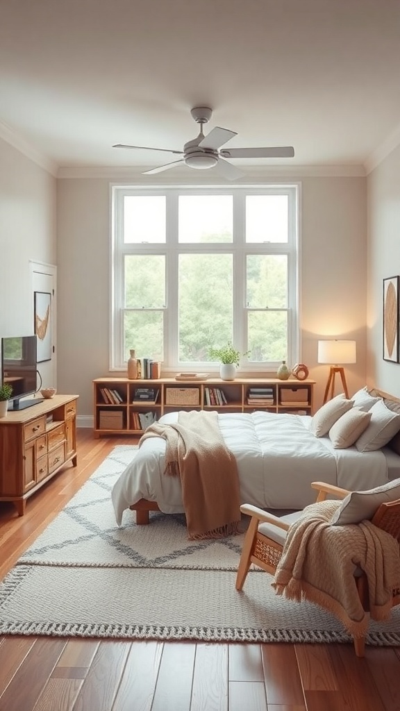 A cozy open concept living room with wooden furniture, a soft rug, and natural light.