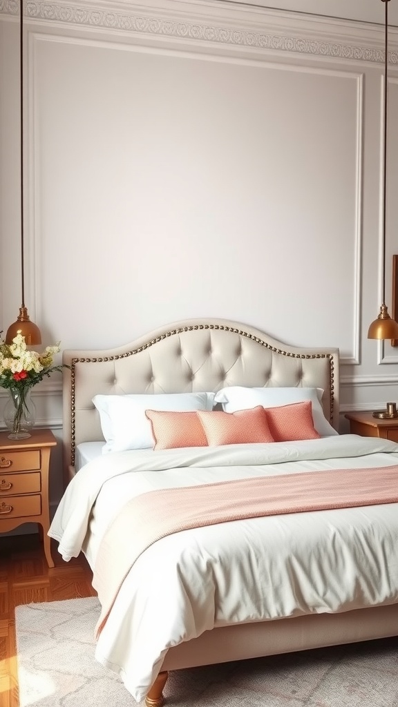 Luxurious bedroom with a stylish upholstered headboard, soft bedding, and warm lighting