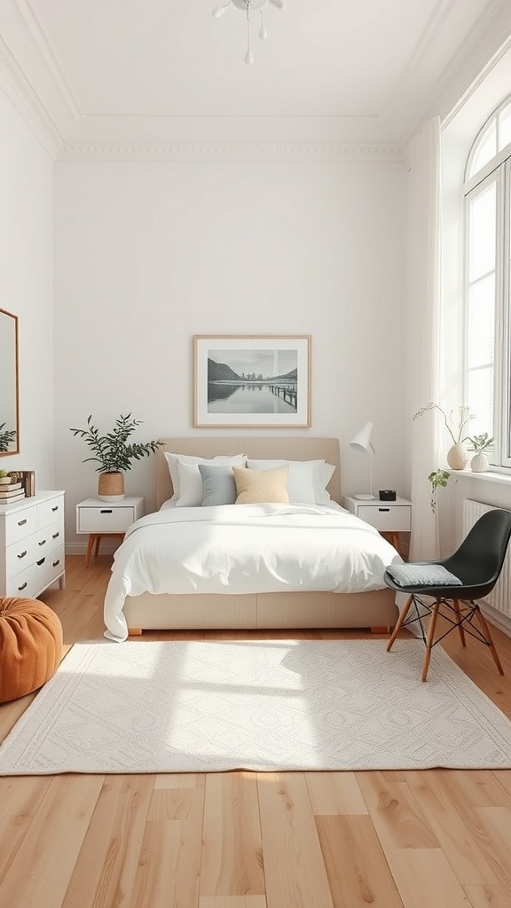 A minimalist small rectangular bedroom with a bed, nightstands, and natural decor.