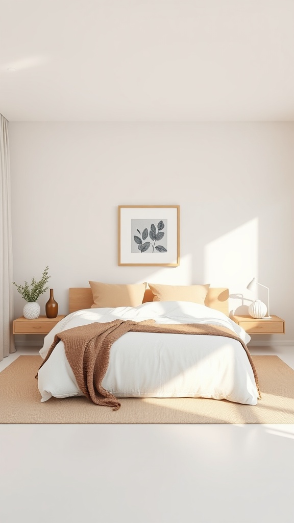 A minimalist bedroom featuring a bed with white bedding, a textured throw, wooden nightstands, and natural light.