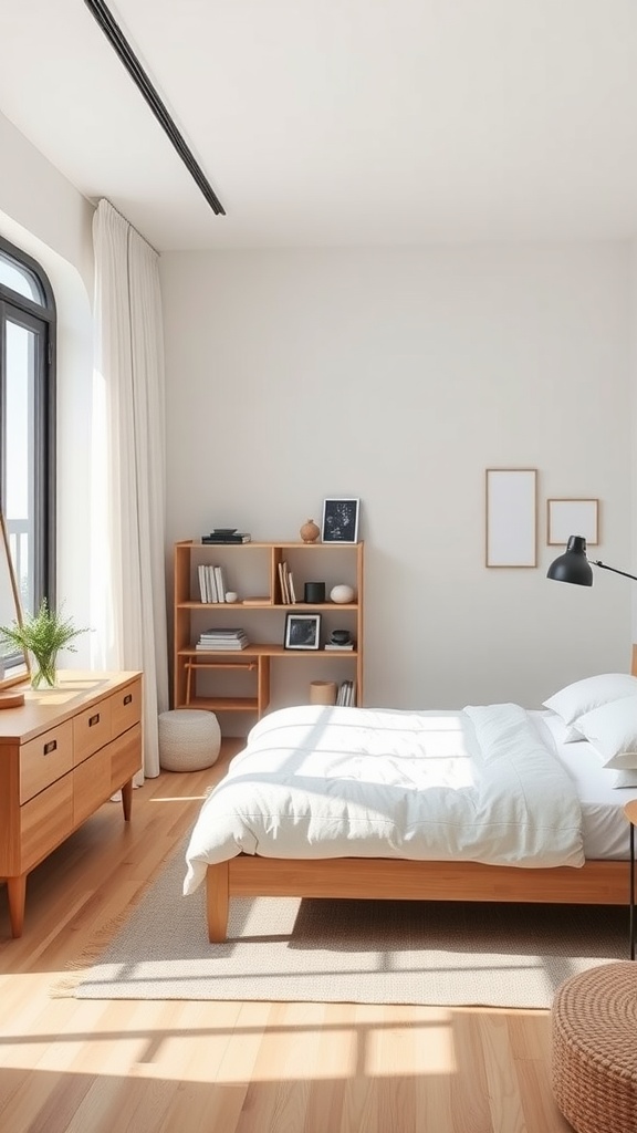 A minimalist bedroom featuring a wooden bed, dresser, and a cozy reading nook with soft lighting.