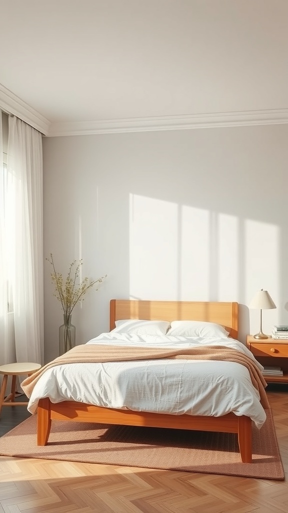 A minimalist bedroom featuring a wooden bed, soft bedding, and a side table with a lamp, illuminated by natural light.