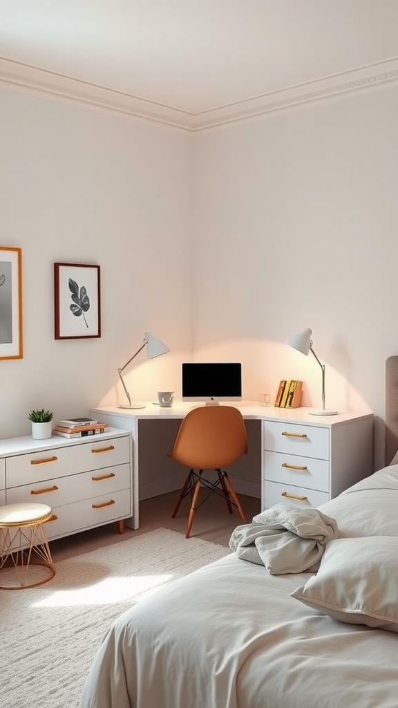 Minimalist bedroom office combo with a desk, chair, and decorative elements.