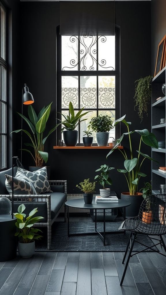 A cozy corner with various black house plants and a stylish seating area