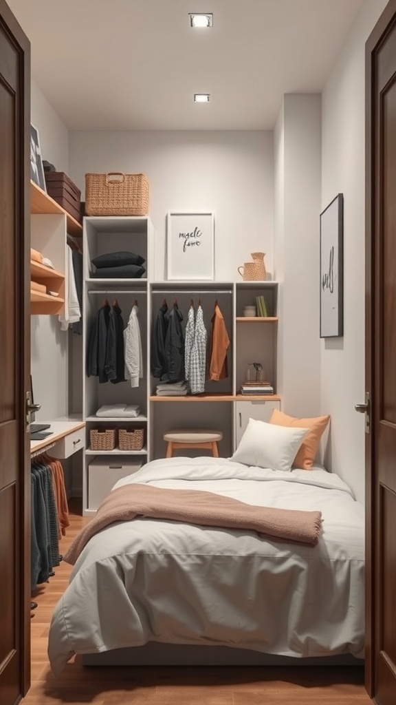 A small, organized closet space with shelves, a bed, and decorative items.