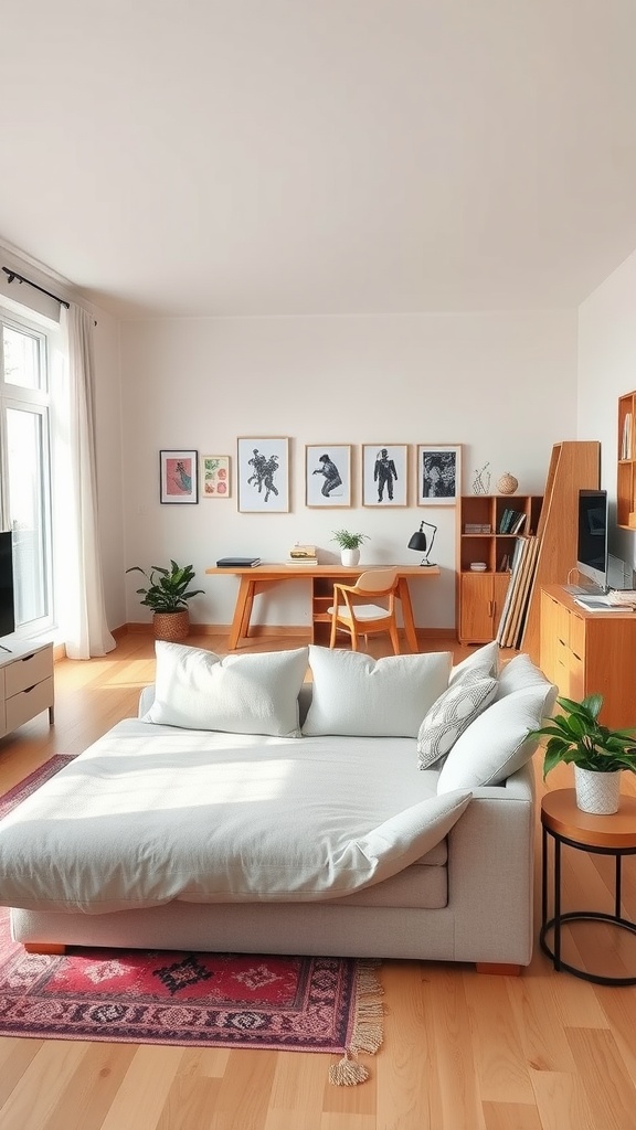 A cozy living room featuring a comfortable sofa, a dining table, plants, and framed artwork.