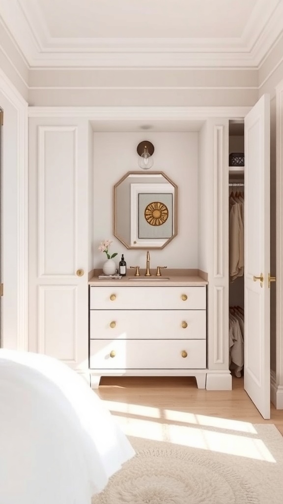 A stylish bathroom vanity with a sink, drawers, and a mirror, designed to maximize space and functionality.