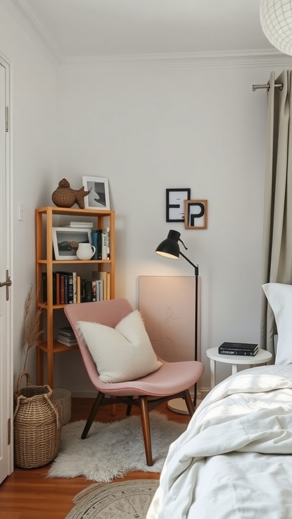 A cozy Scandinavian bedroom nook featuring a pink chair, a lamp, and a wooden shelf with books.