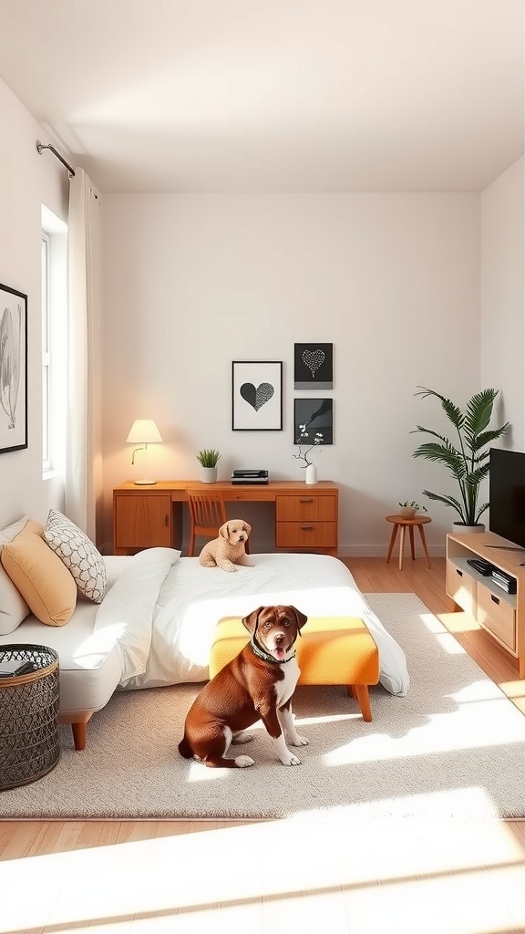 A bright one-bedroom apartment with two dogs, featuring a cozy bed, stylish decor, and a warm atmosphere.