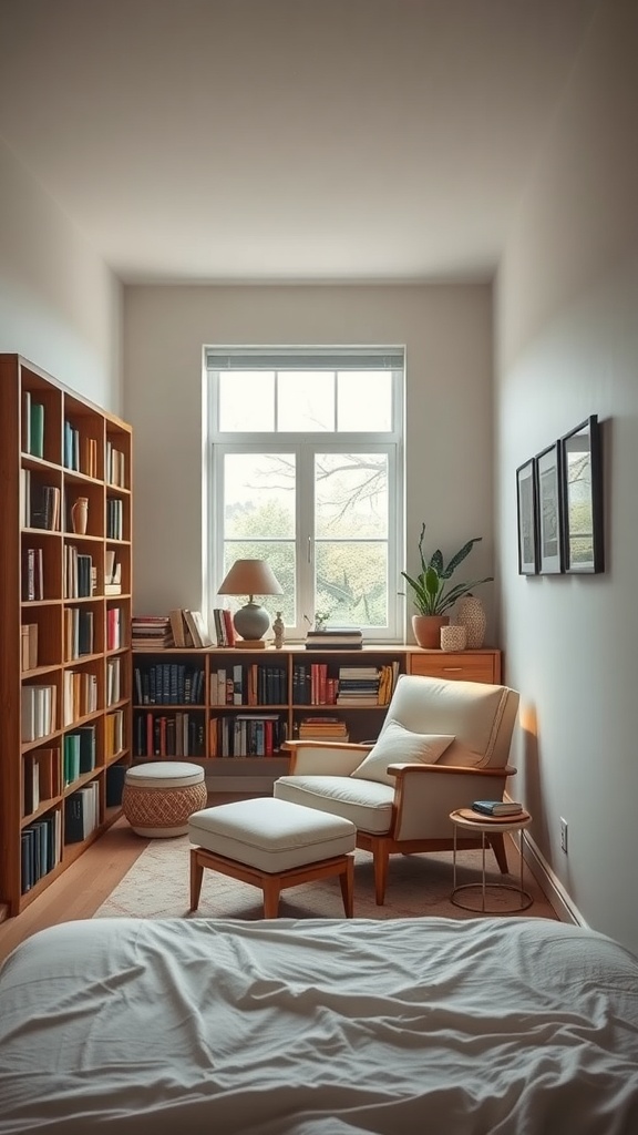 A cozy reading corner in a bedroom with a bookshelf, comfortable chair, and natural light.