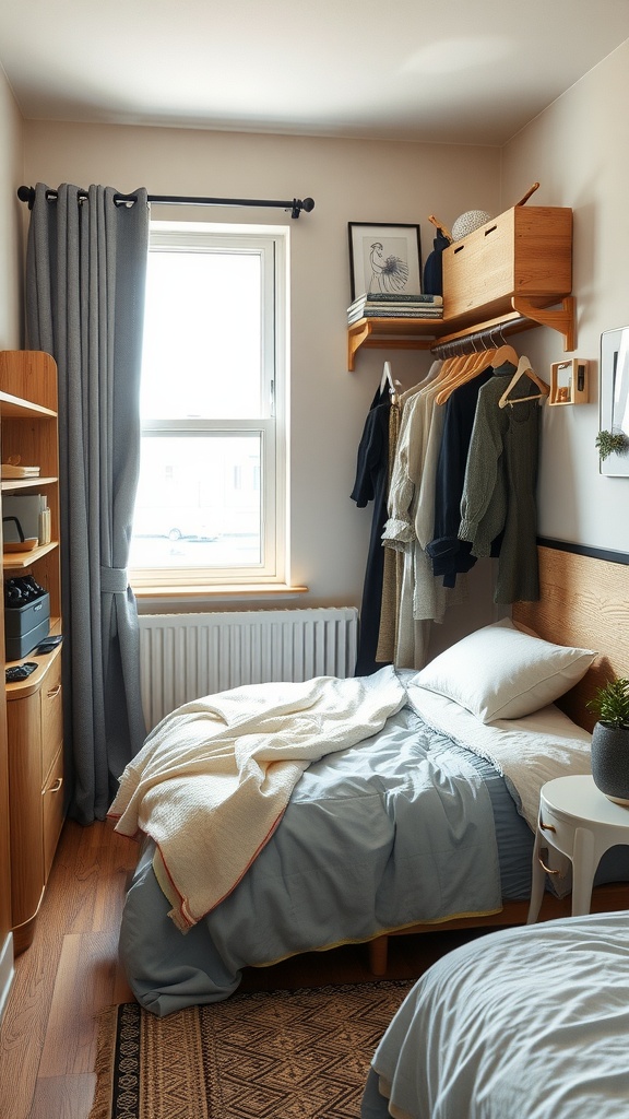 A small bedroom layout featuring a workspace with a bed, wardrobe, and natural light from a window.