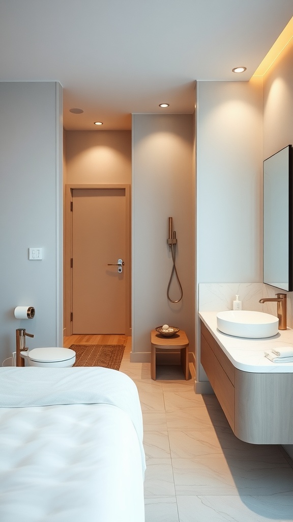 A modern spa-inspired en-suite bathroom with a clean design, featuring soft lighting and natural materials.