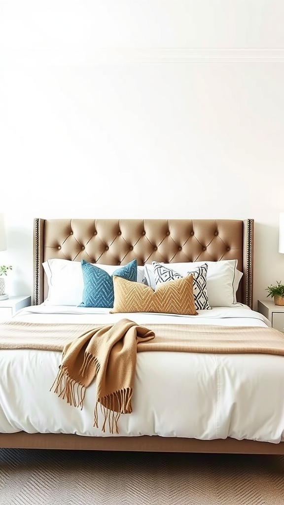 A cozy bedroom featuring a tufted beige headboard with decorative pillows and a soft throw blanket.