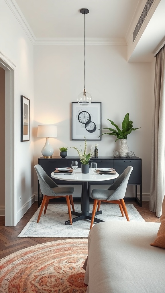 Stylish dining area in a one-bedroom apartment featuring a round table, modern chairs, and decorative elements.