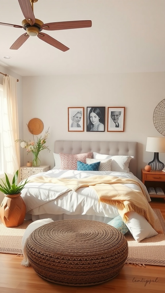 A cozy themed bedroom featuring a neatly made bed with decorative pillows, a jute pouf, and framed artwork on the walls.
