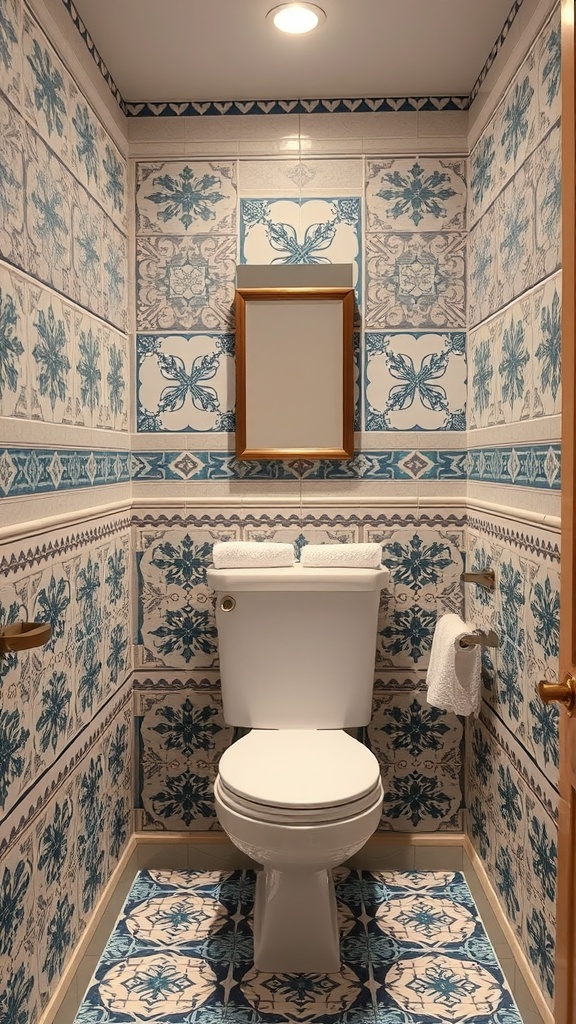 A small bathroom with a unique tile layout featuring blue and white patterned tiles on the walls and floor.