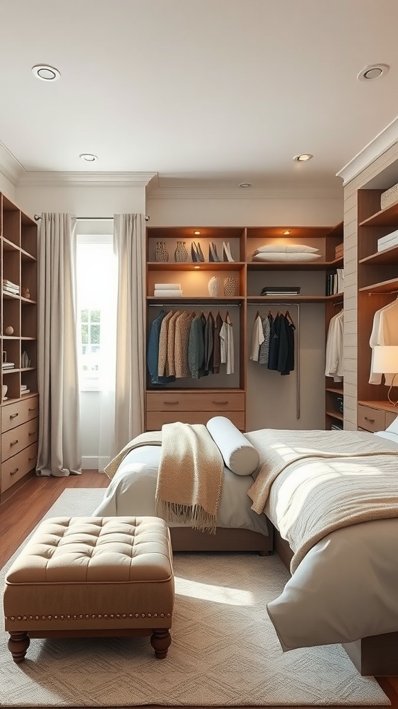 A cozy walk-in closet with wooden shelves, neatly arranged clothes, and a comfortable ottoman.