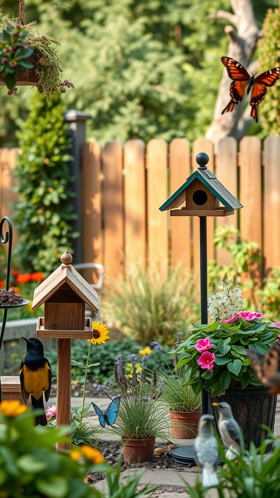 A backyard landscape featuring colorful flowers, birdhouses, and birds, creating a wildlife-friendly environment.