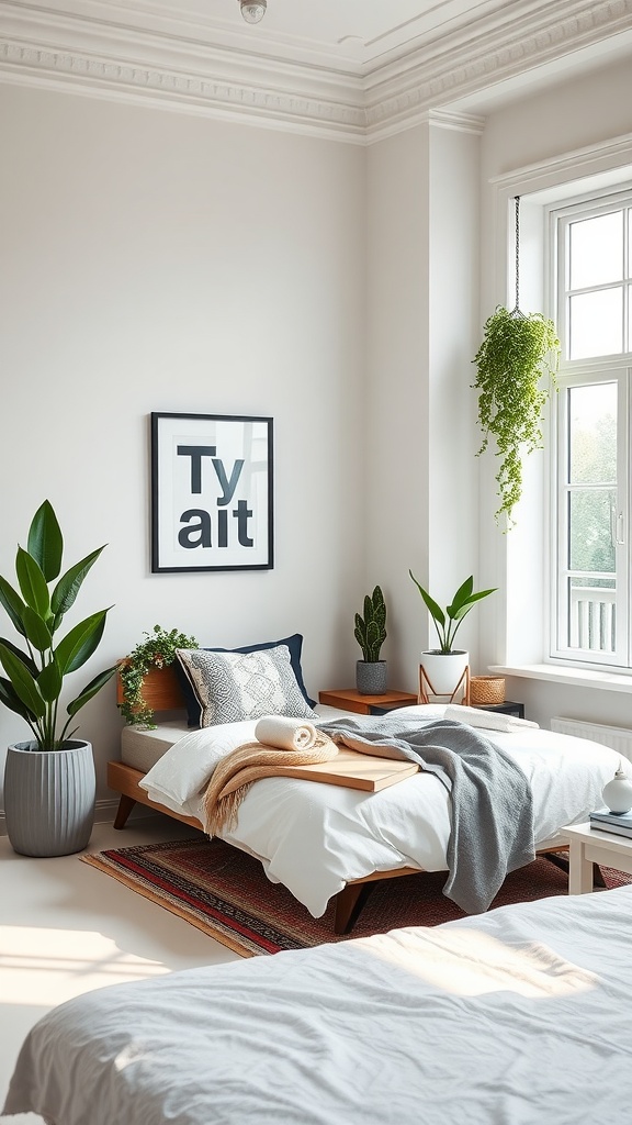 A serene bedroom corner with a cozy bed, green plants, and natural light.