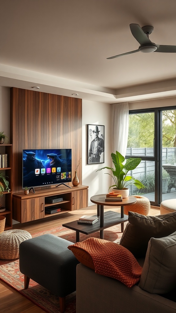 Cozy family room with an entertainment center featuring a TV, wooden cabinetry, a coffee table, and plants.