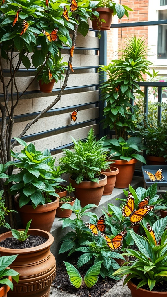 A butterfly garden with potted plants and Monarch butterflies on a balcony.
