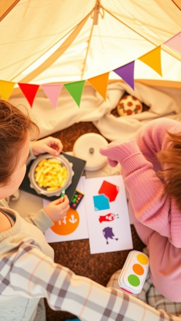 Children inside a tent designing colorful camp flags with craft materials.