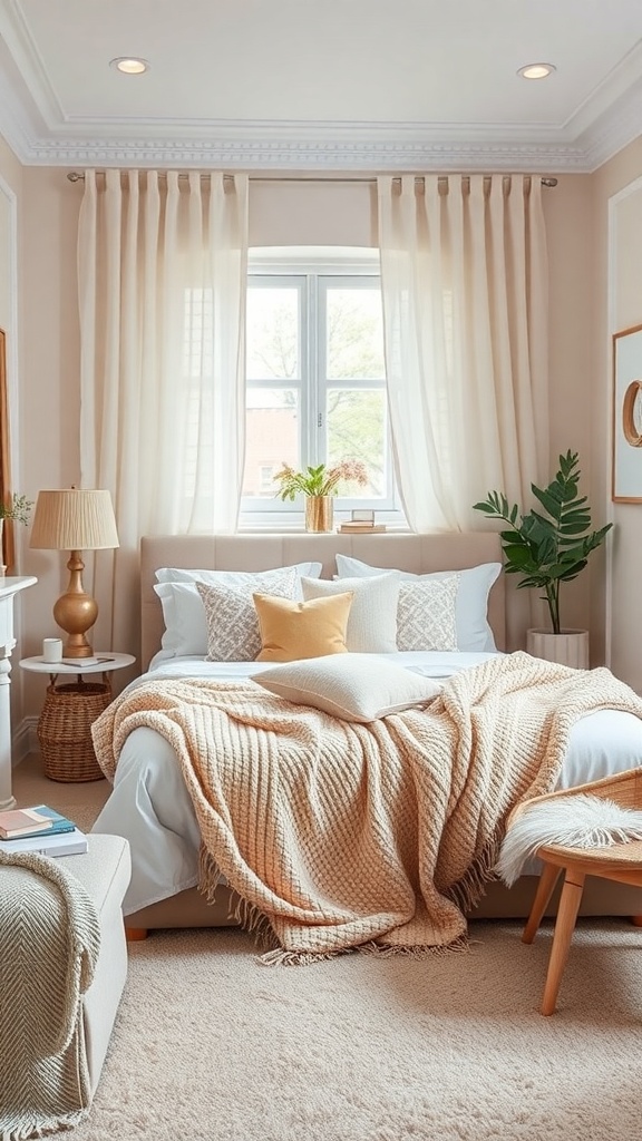 Cozy small bedroom with soft furnishings, warm colors, and natural light