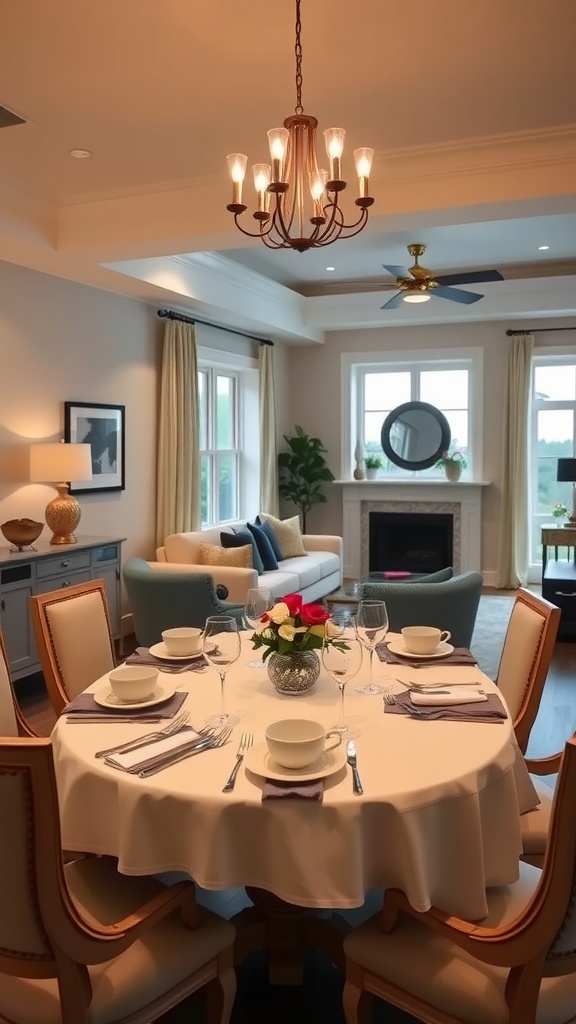 A dining room and living room combo featuring a circular dining table set for a meal with a cozy decor and inviting atmosphere.