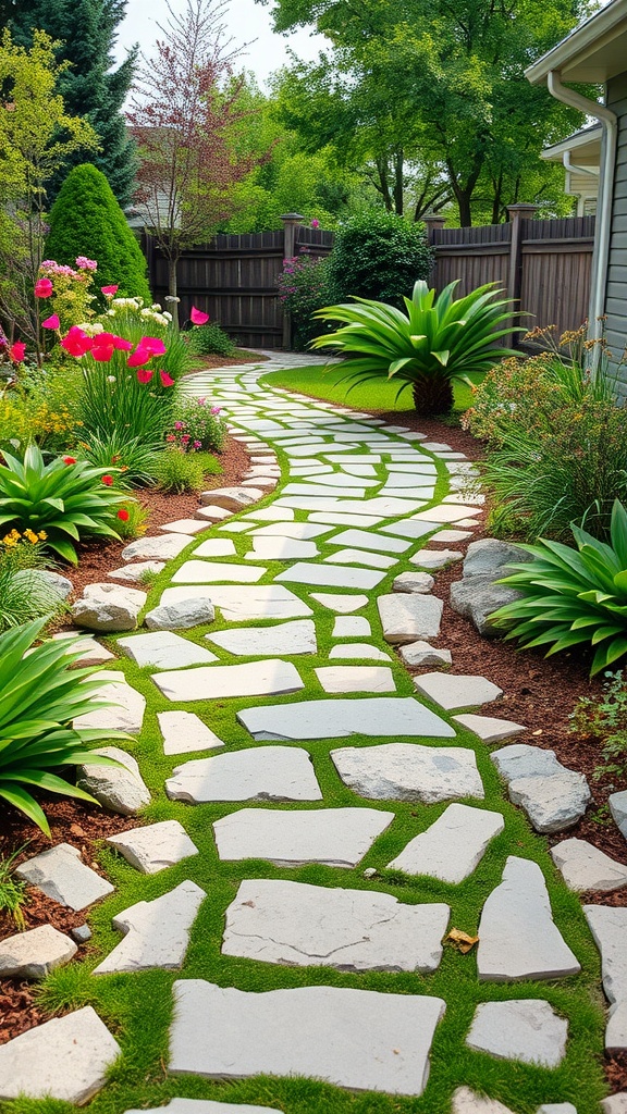 A winding stone pathway through a colorful garden with greenery and flowers.