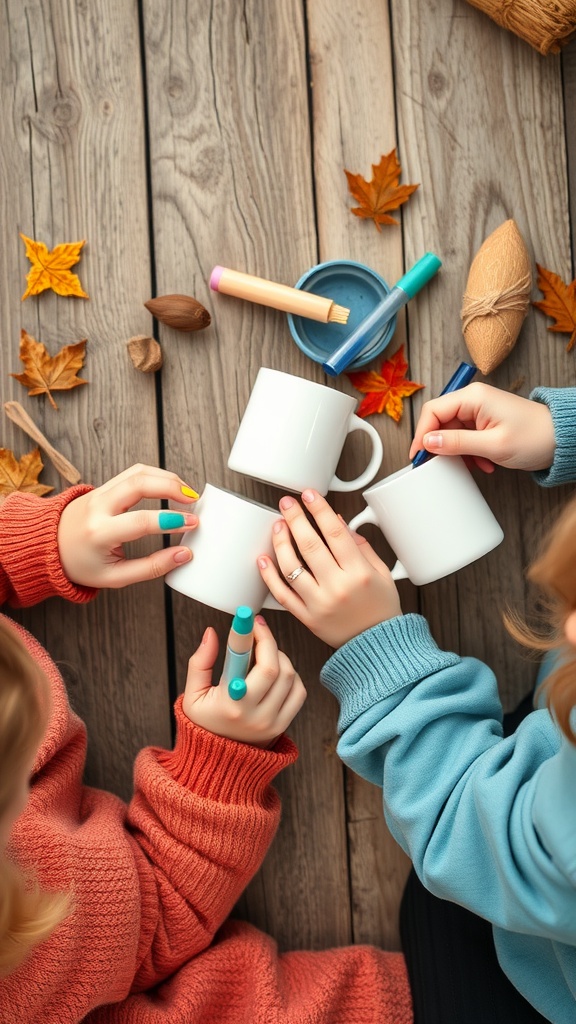Children decorating white mugs with colorful markers on a wooden table surrounded by autumn leaves.