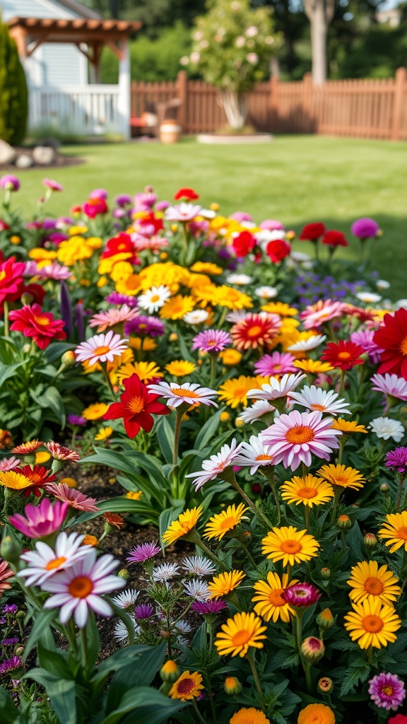 A colorful flower bed with various flowers blooming in a backyard setting.