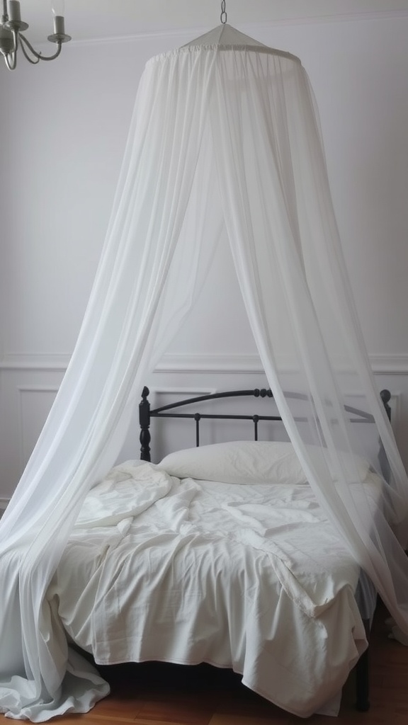 A cozy bedroom with a white canopy draped over a bed, creating an inviting atmosphere