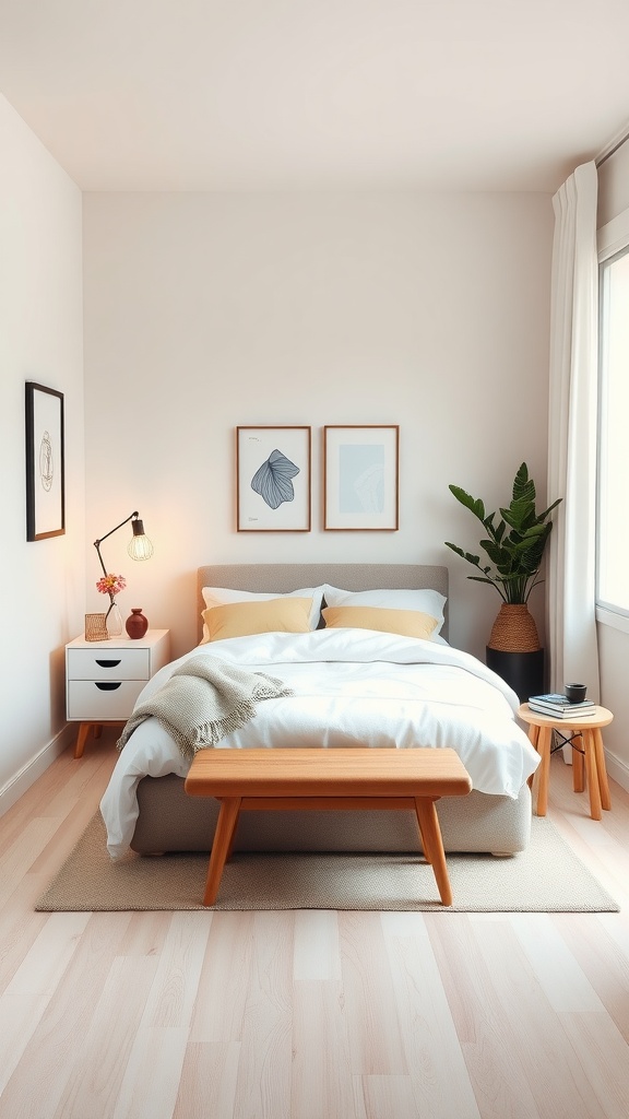 A minimalist tiny bedroom featuring a bed, nightstand, potted plant, and simple decor.