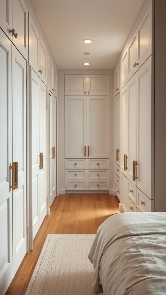 A long narrow bedroom featuring built-in storage solutions with white cabinetry.