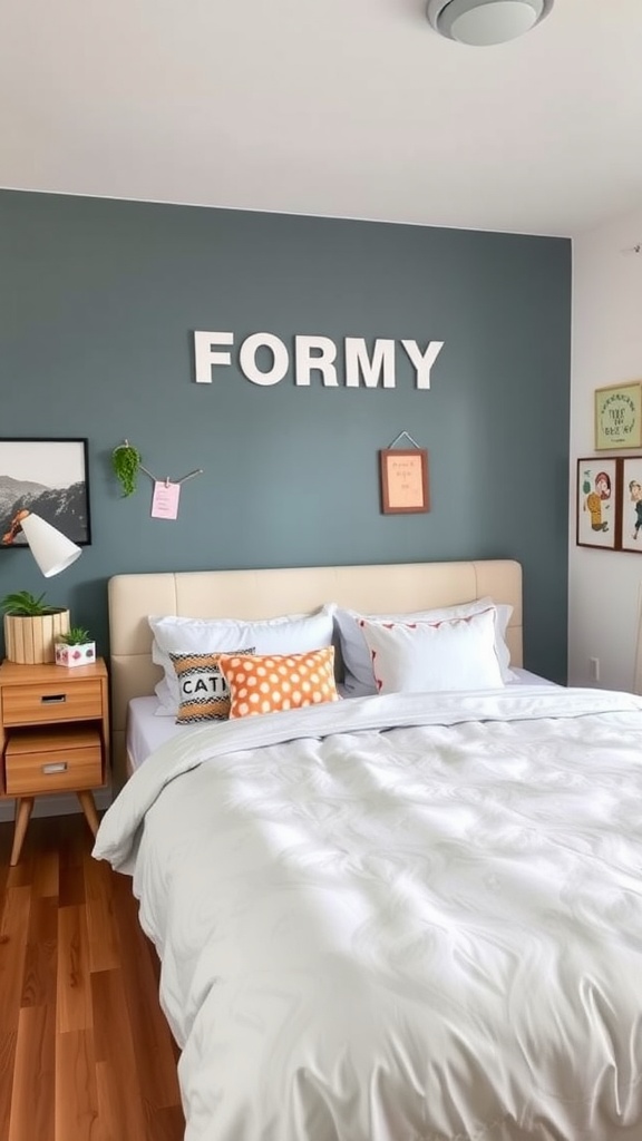Cozy modern guest bedroom with inviting bed, colorful pillows, and stylish decor