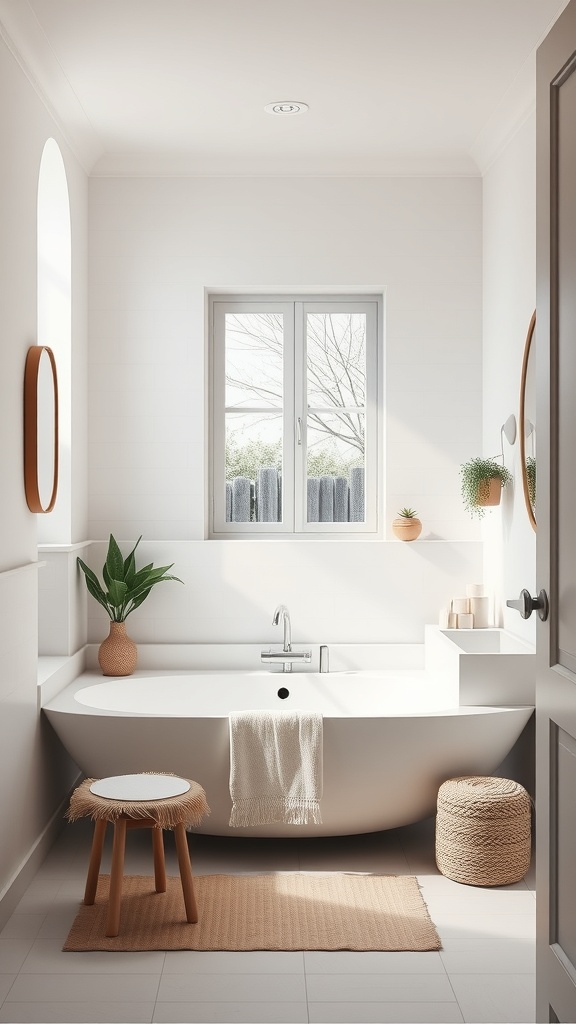 A modern minimalist bathroom featuring a sleek bathtub, natural light, and simple decor.