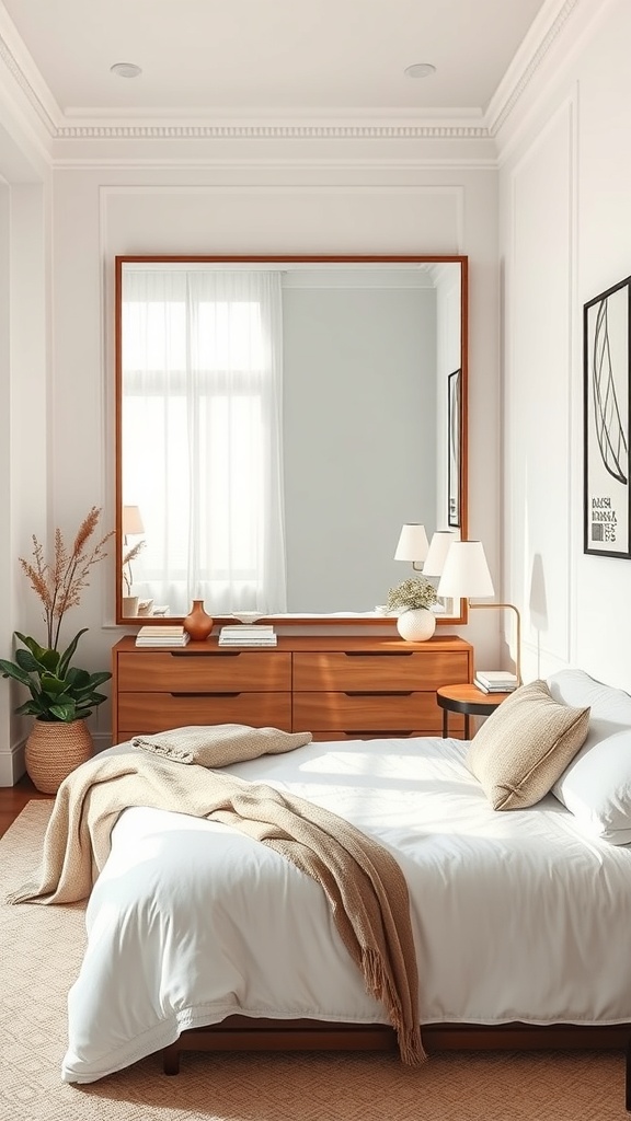 A small rectangular bedroom featuring a large mirror above a dresser, with soft lighting and warm decor.