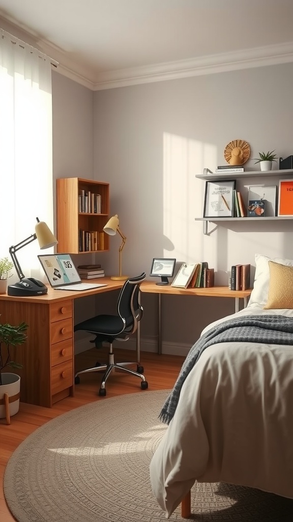A cozy bedroom featuring a desk and reading nook, with a comfortable chair and a bookshelf.