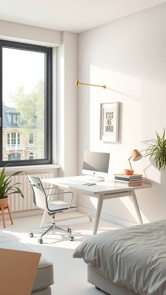 A bright room featuring a desk by a window, with a computer and plants.