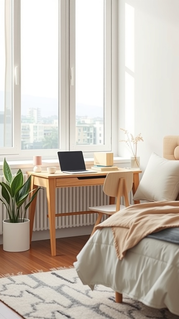 A cozy bedroom workspace with a wooden desk by the window, featuring a laptop, a plant, and decorative items.
